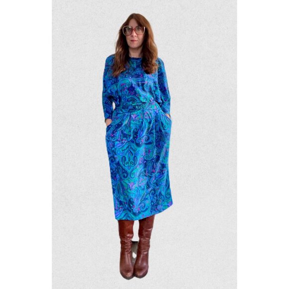1980s Maxi Dress, Size L, Paisley Belted Dress by Van Ultra, 80s Dress for Work - Picture 9 of 10